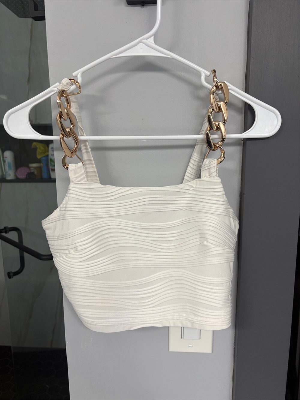 SHEIN White Textured Crop Top with Gold Chain Straps